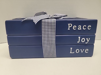 Tabletop Lighted Decor Peace Joy Love LED Resin 3 Blue Books Tied With Ribbon