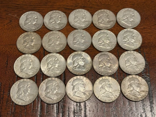 Lot of 20 $10 Face Value Mixed Date 1959 - 1963 Franklin Half Dollars 90% Silver