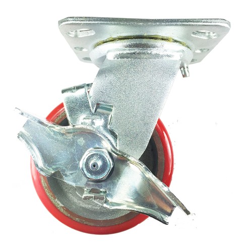 4" x 2" Polyurethane on Cast Iron (Red) - Swivel with Brake - Picture 2 of 5