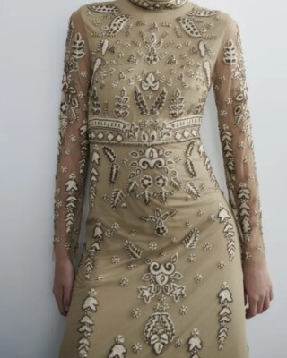 ZARA SS24 Embroidered KNIT DRESS WITH BEADING OLIVE GREEN S