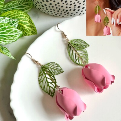 Pink Tulip Flower Earrings Zara Statement Jumbo Garden Floral Jewelry Gift NEW