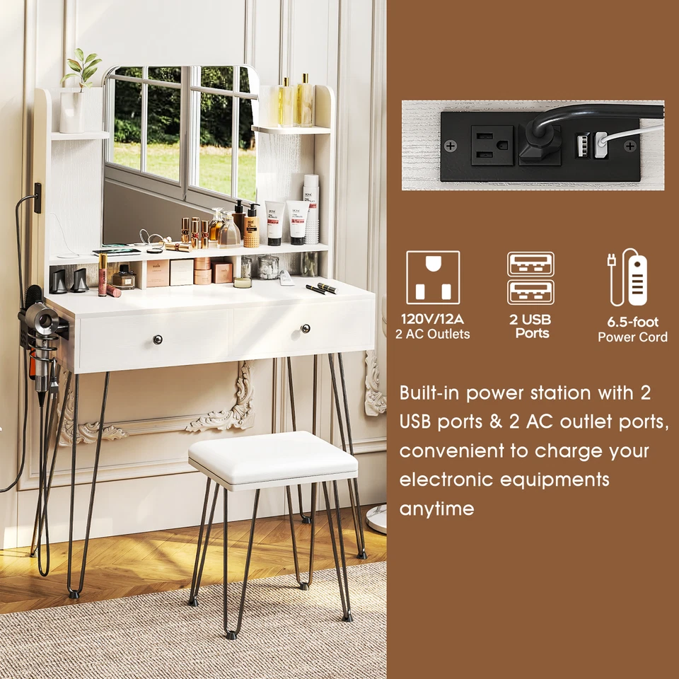 TC-HOMENY Juego de tocador de maquillaje tocador con espejo y central eléctrica y taburete Foto 2 de 4