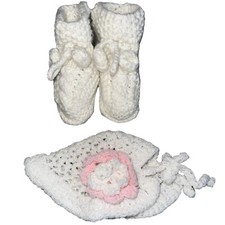 Handmade White  Pink Crocheted Bonet Hat  Bootie Set