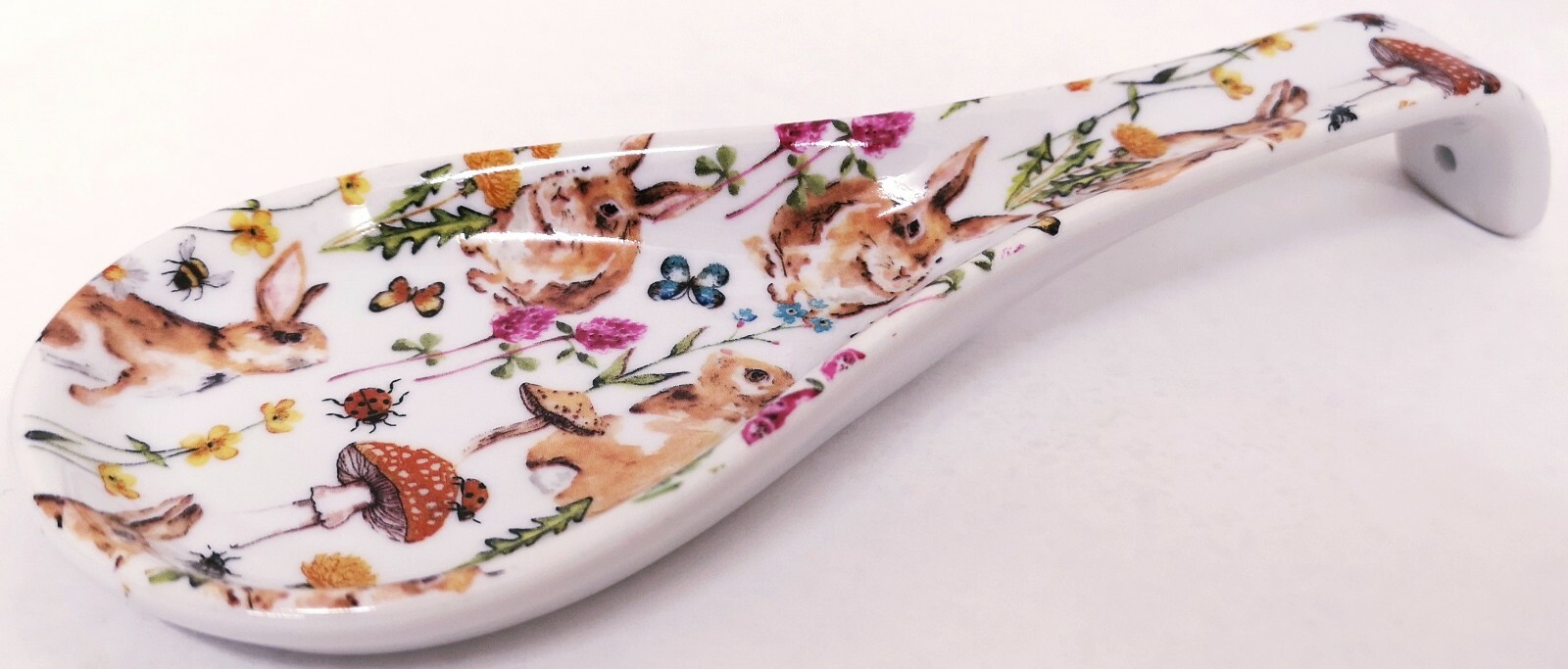 Rabbits Mushrooms Wild Flowers Ceramic Spoon Rest 22cm Medium Porcelain Decor UK