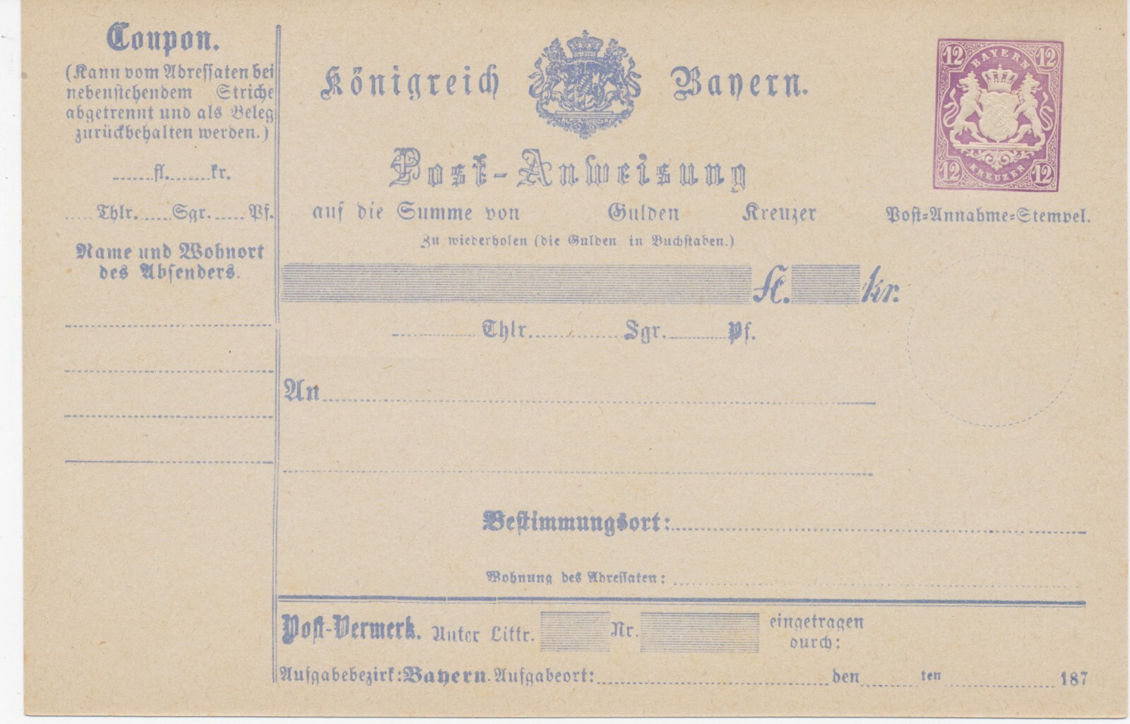 Bavaria 1874 12 Kr Purple Unused Cab. Postal Order Type II