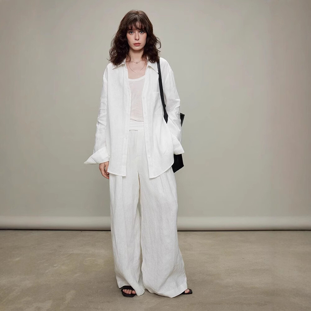 FILA Set camicia pantaloni casual donna The Row bianco lino protezione solare manica lunga