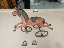 Vintage Wooden Carved Horse Tricycle Leather Saddle Horse Hair Tail 16 Inch High