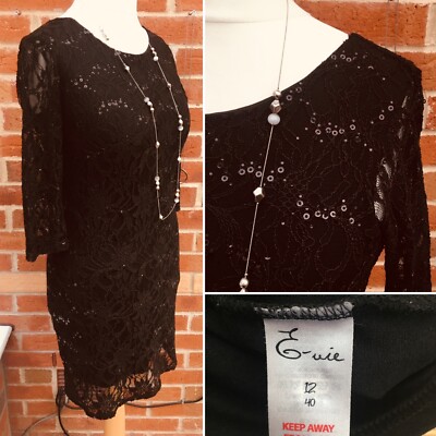 EVIE Damen Größe 12 Schwarz Spitze Kleid Abend Party Stretchig Top S3