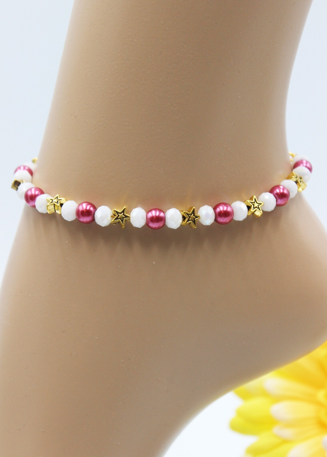 Anklet Beach Pearls Summer Star Boho Red White 22 cm #KB010-image