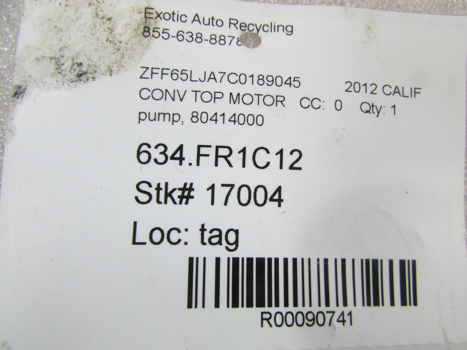 Ferrari California, Convertible Top Motor Pump, Used, P/N 81307700