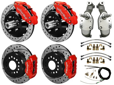 WILWOOD DISC BRAKES,14'' FRONT & 12'' REAR,2'' DROP SPINDLES,65-70 IMPALA,DRILL,RED