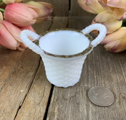 Vintage Miniature Milk Glass Basket 2.5" Shadow Box, Toothpick, Opaque Glass