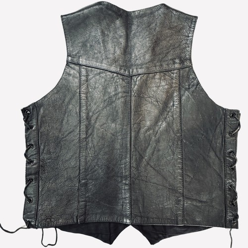 UNIK Men's Black Leather Motorcycle Vest Sz 42 Snaps Lace-Up Sides Pockets Biker - Picture 12 of 19