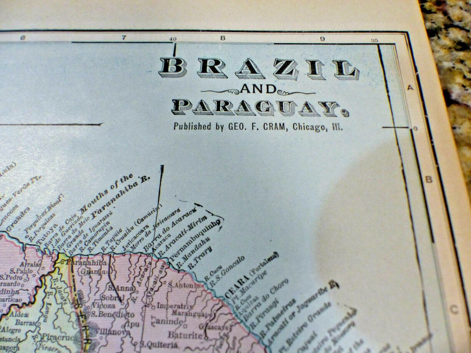 Brazil  Paraguay Antique Color Map 1903 Cram's 14½" x 22" South America - Image 2 of 4