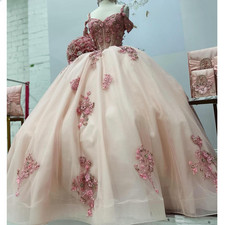 Pink Flower Quinceanera Dresses Lace Applique Sweet 16 Prom Gowns Lace-Up Back