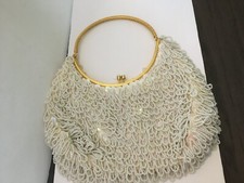 VINTAGE LADIES WHITE BEADED  SEQUENCE EVENING BAG 1969