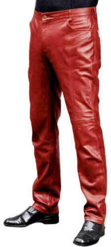 Red Men's Sheepskin Leather Trousers Sweat Slim Fit Causal Wear Pant  Handmade - Picture 1 of 6