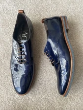 AGL ATTILIO GIUSTI LEOMBRUNI Italy Lacquer Patent Leather Blue Oxford Shoes 40.5