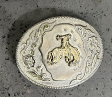 Vtg Silver Gold Tone Bucking Bronco Rodeo Horse Cowboy Belt Buckle