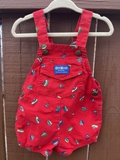 Vintage OshKosh B gosh Baby Romper 24M Red Boat Print Shortalls Overalls USA