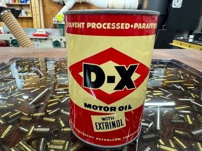 VINTAGE FULL NOS~ D-X  WITH EXTRINOL  1-QUART  METAL MOTOR OIL CAN S.A.E. 30