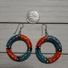 80s NOS Hoop  Dangle  earrings Hand Painted wood colorful, pierced ears EB05