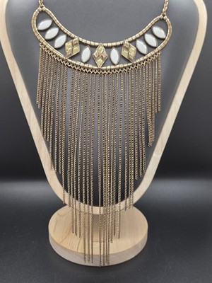 MNG by Mango Brass Statement Necklace Long Chain Fringe Boho White Stones Bib