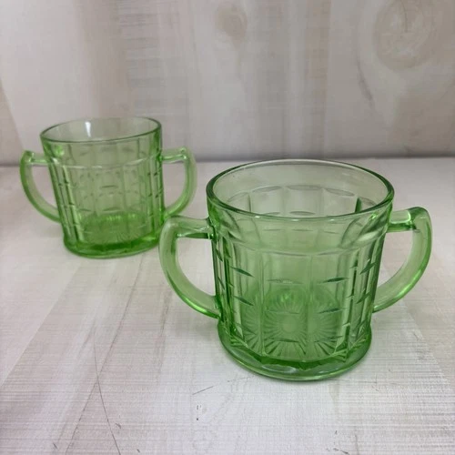 Vtg (2) Hazel Atlas Green Colonial Block Uranium Vaseline Glass Open SUGAR BOWL