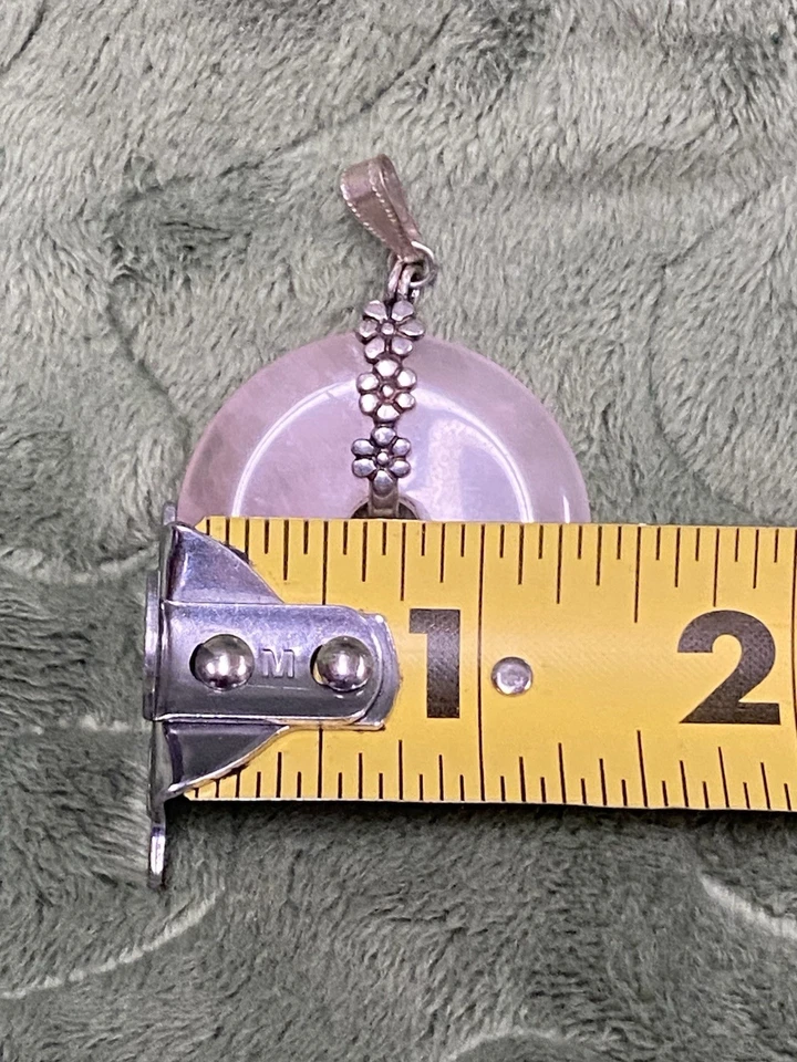"Colgante donut de piedras preciosas de cuarzo rosa con flores de plata de ley, 925, 1 3/8""" Foto 3 de 4