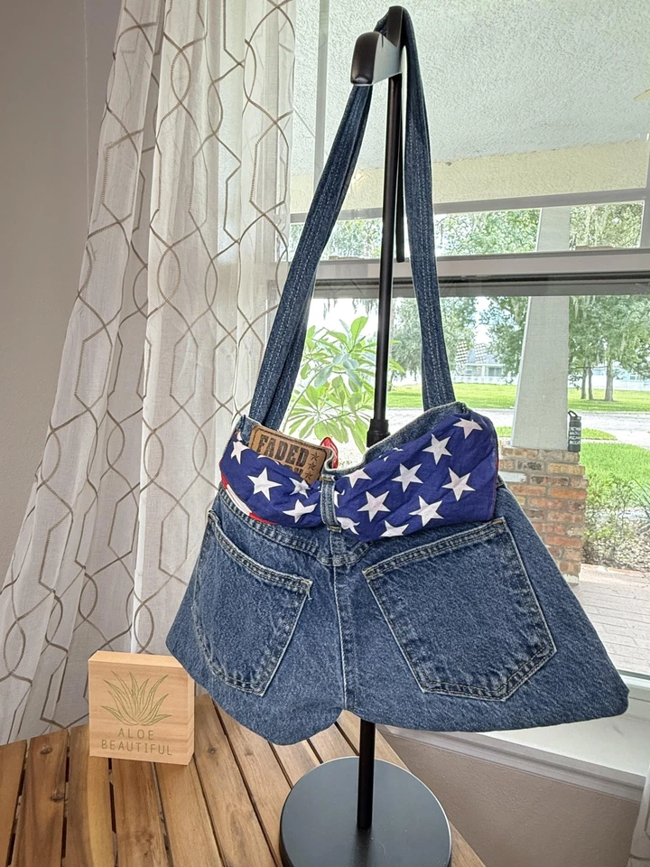 Bolso De Colección Y2K Años 90 Desteñido Gloria Bolso de Mano Denim Jeans Bandera de EE. UU. Bufanda Cartera Foto 3 de 4