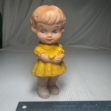 Vintage 1958 Girl Doll Squeak Toy Edward Mobley Yellow Dress Squeaker Rubber 8in