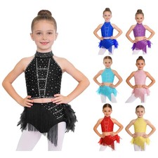 Girls Latin Dance Party Feather Fringe Skirt Competition Crop Top Photo Prop