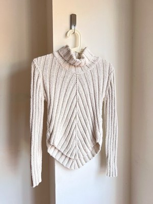 Vintage Y2K Baumwolle Seide asymmetrisch gerippt Grobstrick Pullover Rollkragen 10 12