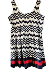 Nine West 18W Navy White Chevron Dress Red Trim Sleeveless Pockets Pleated Bold