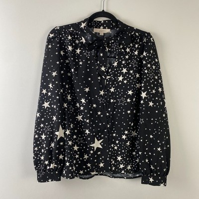 LOFT Tie Neck Blouse Size Medium Black Star Print Button Up