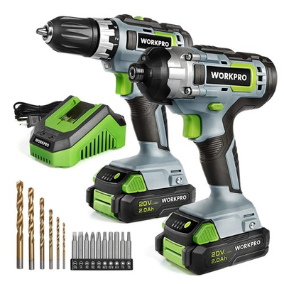 #ad WORKPRO 20V CORDLESS DRILL COMBO KIT DRILL DRIVER 2X 20AH GRAY GREEN $88.76