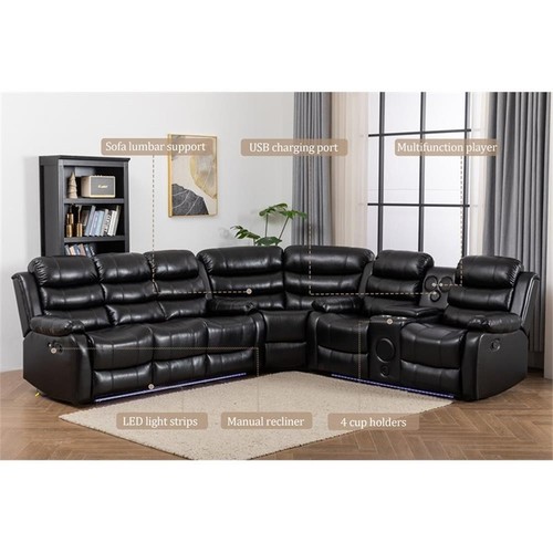 Pemberly Row Faux Leather Living Room Set Modern Reclining Sectional Sofa Black - Picture 8 of 9