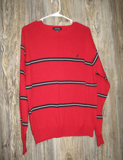 Nautica Mens Sweater Sz Medium Red Navy White Striped Sailboat Logo Nautical