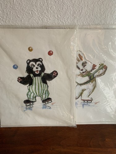 Pair Of Vintage Prints Ice Capades Pierre Maro 1960s Bunny And Bear Ice Skating