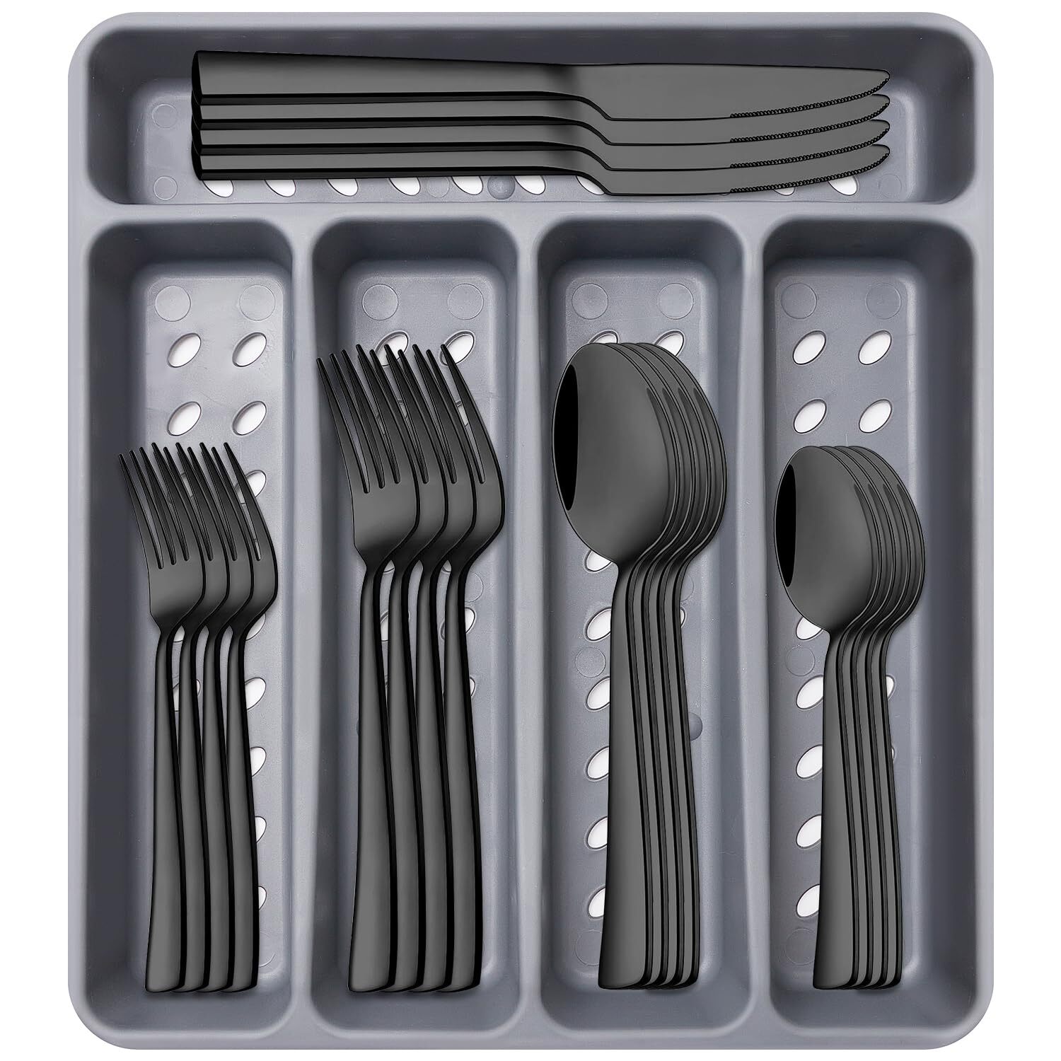 21-Piece Black Silverware Set with Organizer Tray Stainless Steel Cutlery Ute...