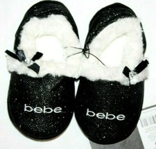 Bebe Girls' Metallic Pink Black Gray Indoor Slippers w/ White Faux Fur Trim
