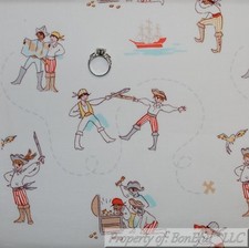 BonEful FABRIC FQ Cotton Quilt VTG White Blue Red Boy Pirate Ship Cartoon Kid UK