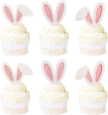 24 Pack Bunny Ear Cupcake Toppers, Glitter Rabbit Ears Cupcake Picks, Cake Toppe