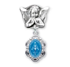 Sterling Blue Enamel Oval Fancy  Miraculous Baby Medal on an Angel Pin, 1 In