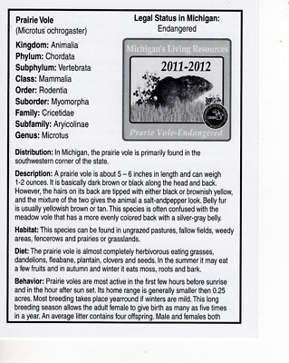 2011 LIVING RESOURCE PRARIE VOLE (PAPERWORK ONLY) - MICHIGAN DNR DEER PATCH