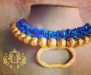 Authentic 22k Matte Gold Plated Pendt Hammered African Statement Necklace Blue Jade Stones