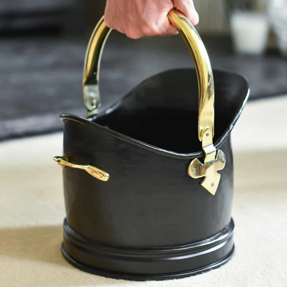 Polished Brass & Black Iron Traditional Fireplace Coal Bucket Coal Scuttle - Image 2 of 4