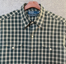 Polo Ralph Lauren Vintage CLASSIC WESTERN Plaid Shirt Pearl Snaps Green Size M
