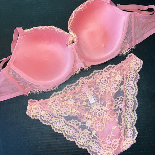 Victoria's Secret 38DD BRA SET L,XL panty ORANGE cocktail pink crossdye lace - 第 6/6 張圖片