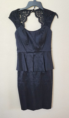 Cache Cocktail Dress Black Lace Shoulder Peplum Sleeveless Knee Length Size 4